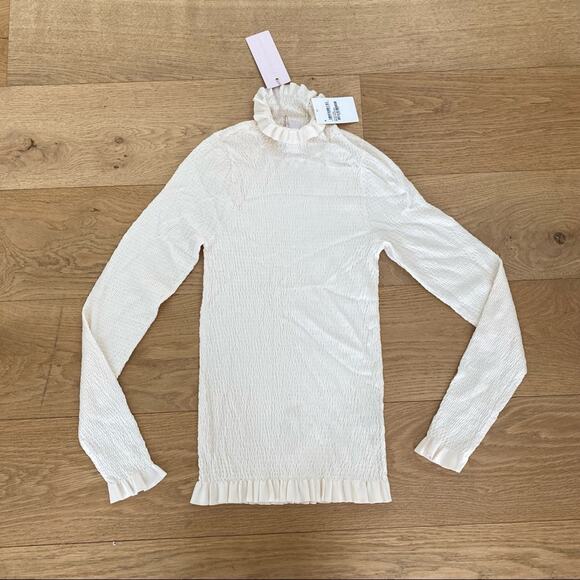 Rachel Parcell Shirred High Neck Top in Beige Pearled